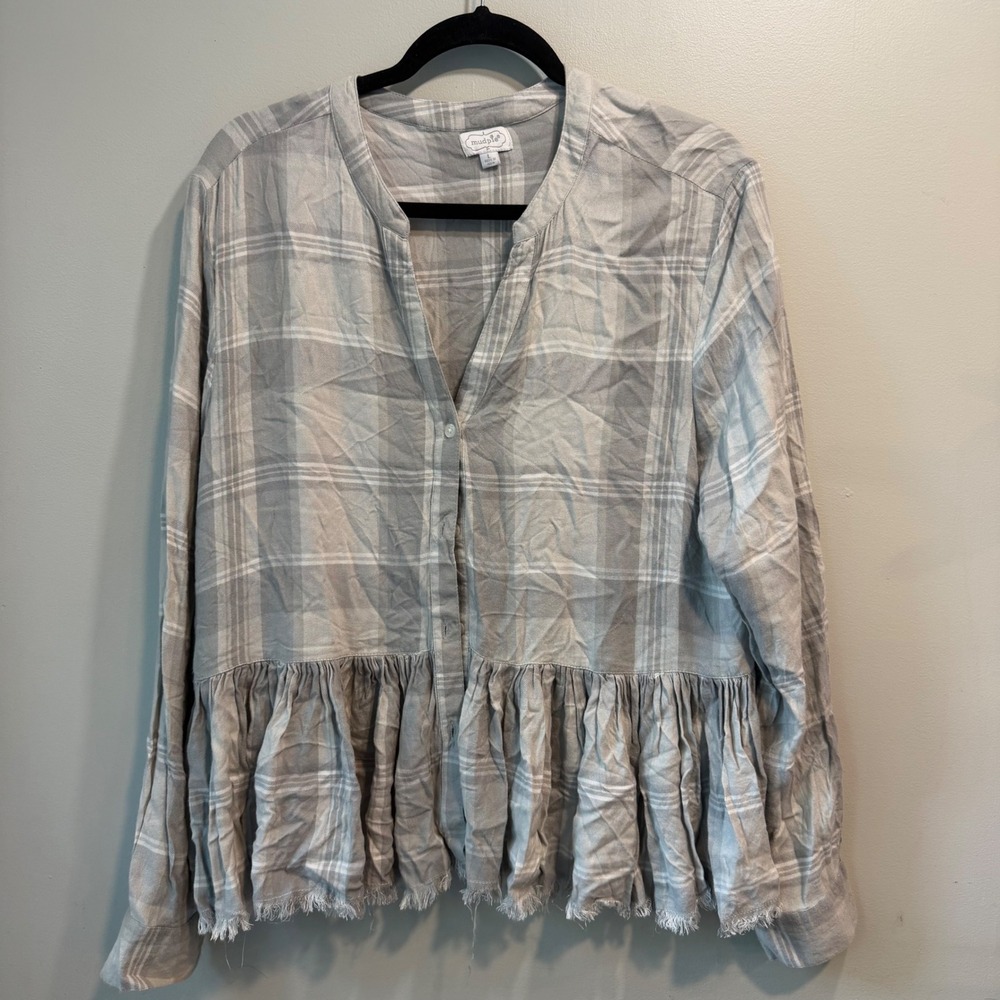 Mud Pie Grey White Plaid Peplum Button Down Blouse Frayed‎ Hem Womens Large